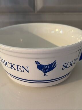 Vintage 1985 F.T.D.A. Chicken Soup Bowl w/ Handles Blue White Rooster Korea